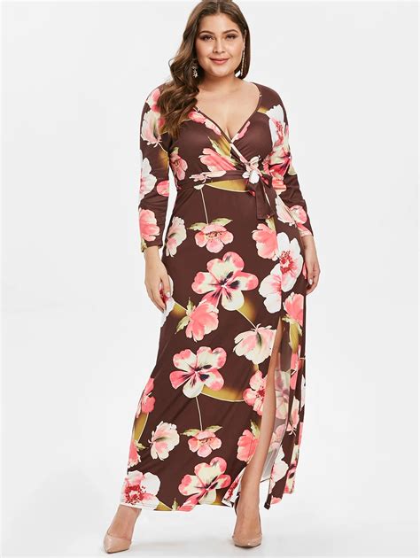 Wipalo Women Plus Size Floral Surplice Neck Belted Maxi Dress