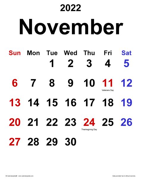November 2022 Calendar Clipart Printable Word Searches