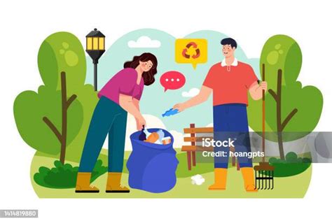 Orang Membersihkan Sampah Di Taman Konsep Ilustrasi Dengan Latar