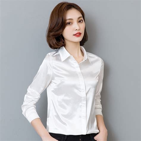 Womens Satin Silk Like Wet Look Top Blouse Lady Long Sleeve Collared Plain Shirt Ebay