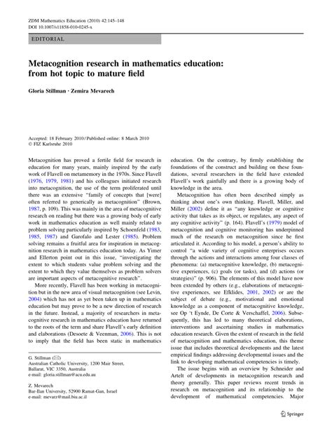 Pdf Metacognition Research In Mathematics Education From Hot Topic