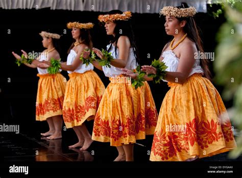 Traditional Hawaiian Dancers Perform Hula During The Pasifika Stock