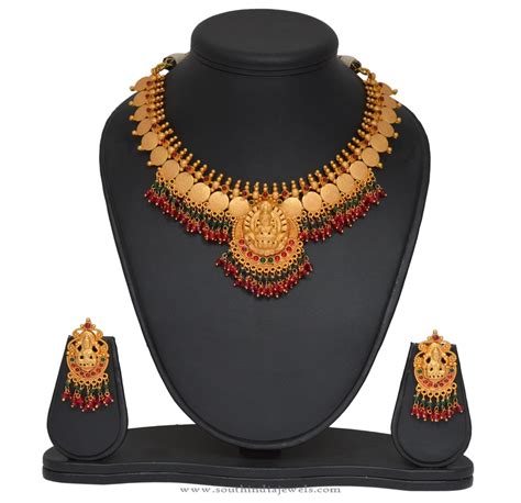 gold plated temple lakshmi necklace and earrings ~ south india jewels