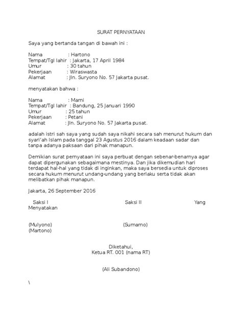 Nama tempat, tanggal lahir umur agama pekerjaan alamat. Surat Pernyataan Nikah Siri