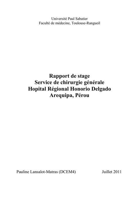 Rapport De Stage Service De Chirurgie Générale Hopital