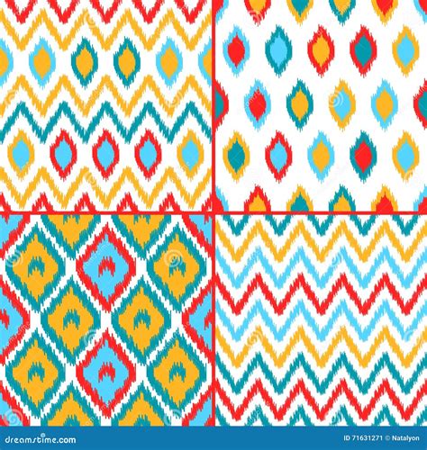 Colorful Geometric Ikat Asian Traditional Fabric Seamless Patterns Set