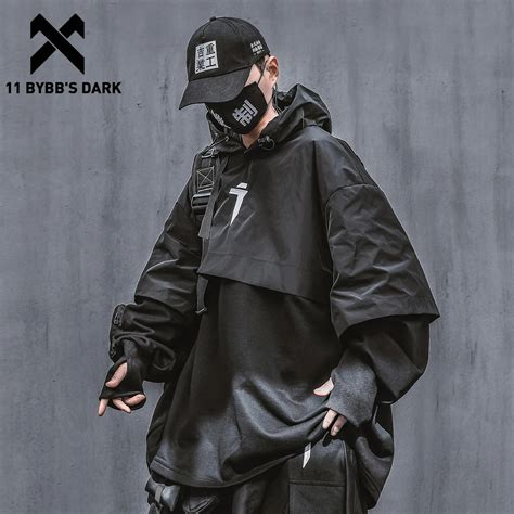 11 Bybbs Dark Techwear Harajuku Hoodie Mens Patchwork Embroidery Fleece Cotton Pullover Hip Hop
