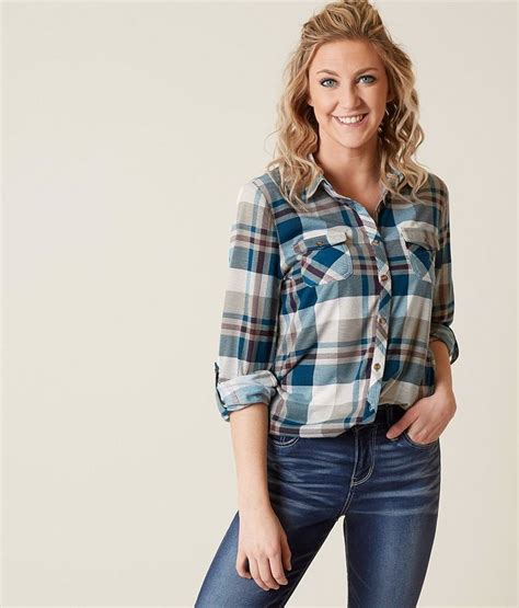 Daytrip Flannel Shirt Womens Shirtsblouses In Jade Taupe Buckle