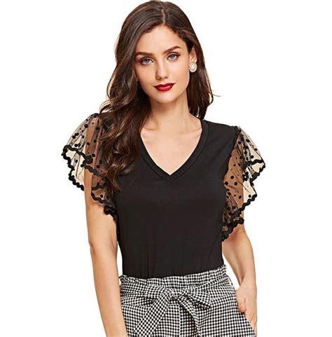 V Neck Mesh Butterfly Sleeves Black Slim Fit Top In Women Clothes For Women Fashion