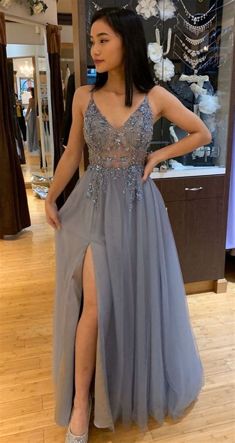 A Line V Neck Grey Beaded Long Prom Dress With Split Grey Beaded Form Abcprom