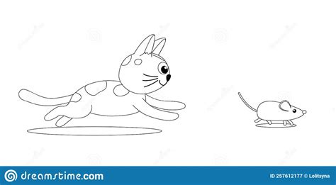 Kitty Chases A Mouse Coloring Page Black And White Cat Kitten