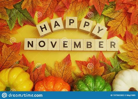 Happy November Alphabet Letter With Pumpkin And Maple Leaves Decoration