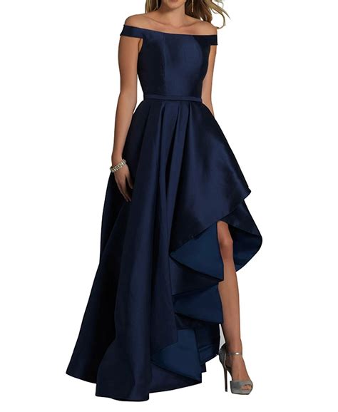 Newfex High Low Prom Dress Off Shoulder Long Satin Evening Gowns For