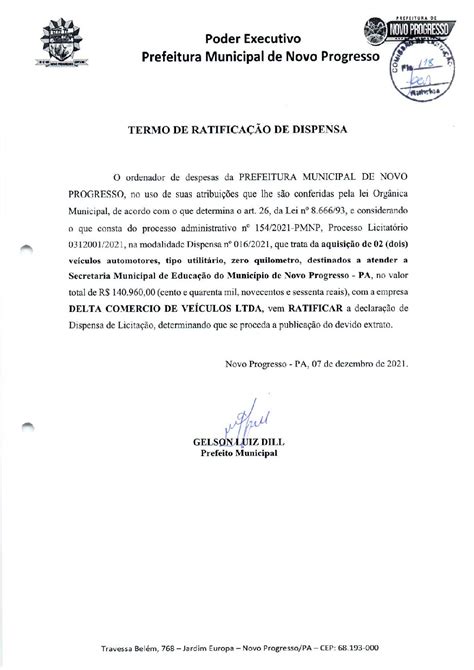 Termo De Ratificação Prefeitura Municipal De Novo Progresso Gestão