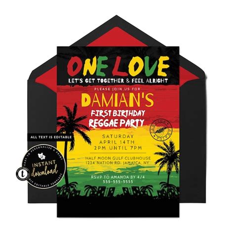One Love Birthday Invitation Reggae Invitation Jamaican Etsy