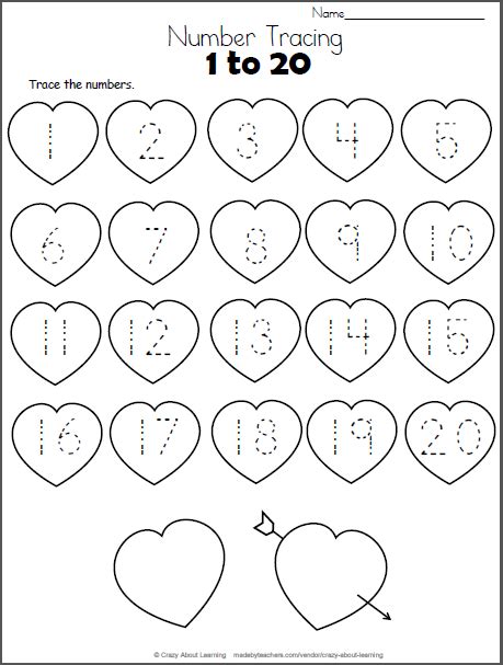 Valentine Hearts Math Worksheet Trace Numbers To 20 Made By Teachers