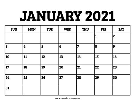 January 2021 Calendar Printable Calendar Options