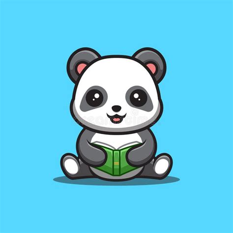 Panda Sitting Reading Book Cute Creative Kawaii Cartoon Mascot Logo