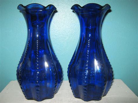 Cobalt Blue Vases Two Matching Vases Beaded Design On Scalloped Sides Fluted Top Edge 7