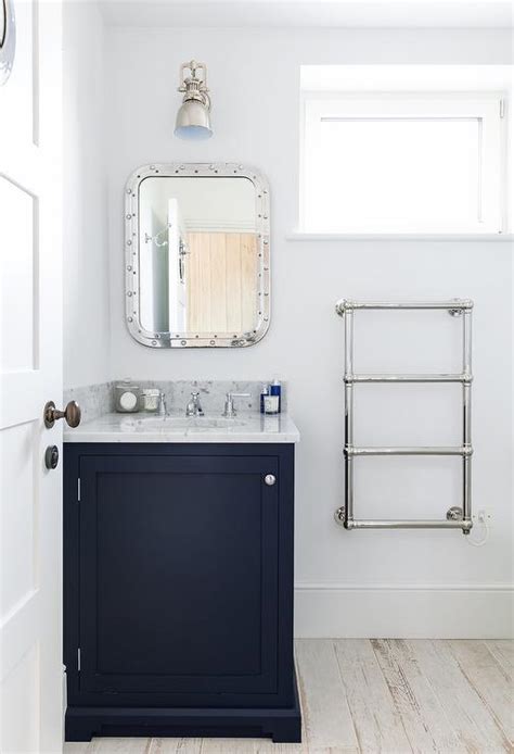 Navy Washstand With Carrera Marble Countertop Transitional Bathroom