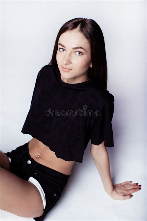 Beautiful Young Girl In Black Shorts And T Shirt Stock Image Image Of