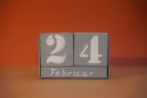 24 Februar On Wooden Grey Cubes Calendar Cube Date 24 February