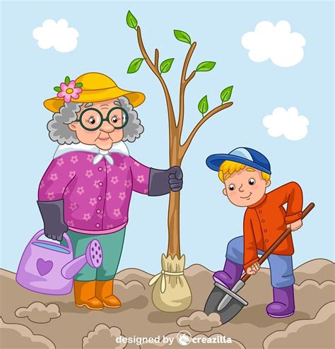 Download Granny and grandson planting a tree vector. Free download ...