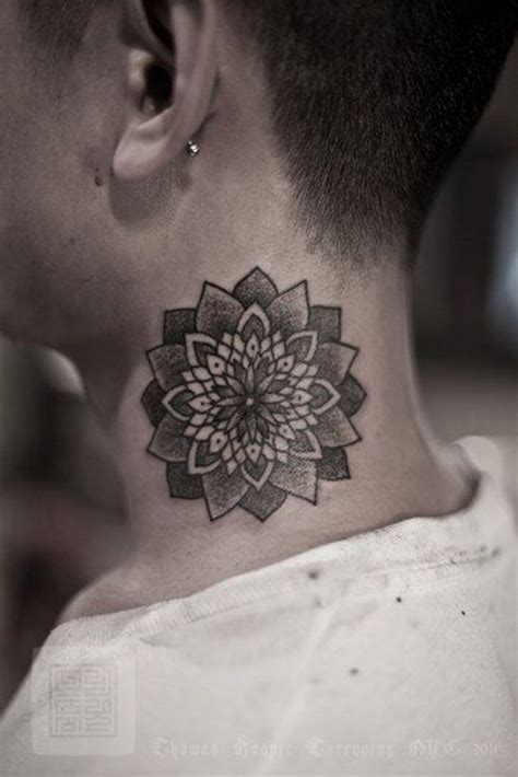 Black Ink Dotwork Mandala Lotus Flower Tattoo On Man Side Neck
