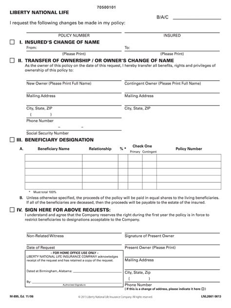 Liberty National Life Insurance Change Of Beneficiary Form Fill Out