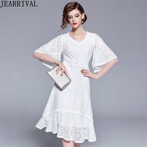 White Lace Summer Dress 2018 New Fashion Elegant Women Sexy V Neck Flare Sleeve Hollow Out