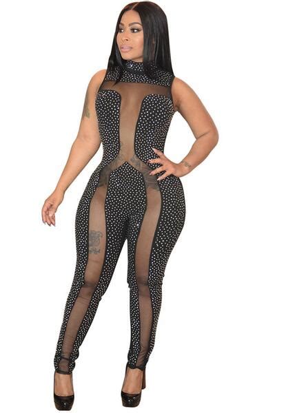 Rhinestone Jumpsuit Women Summer Sleeveless Sheer Mesh Patchwork Club Jumpsuit Long Pants Romper