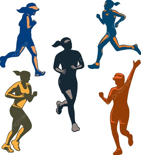 Female Marathon Runners Retro Set Woman Graphics Jogger Vector Woman