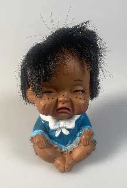 Vintage Moody Cutie Girl Crying Face Doll Rubber 3 12” Seated Blue