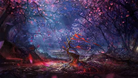 Digital Art Forest Trees Colorful Fantasy Art Artwork