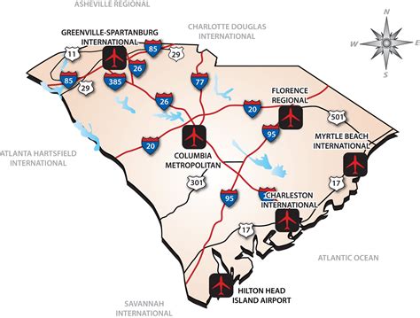 South Carolinas Airports Map South Carolina Mappery