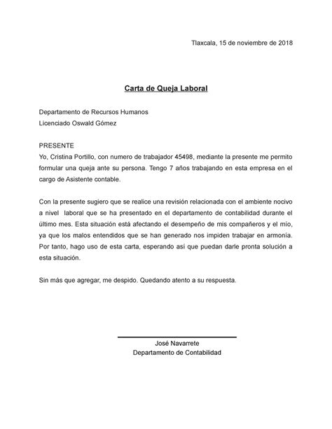 Modelo Carta De Queja Laboral Tlaxcala 15 De Noviembre De 2018 Carta
