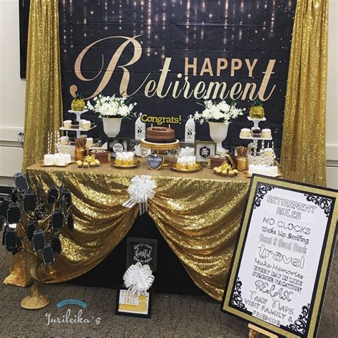 A Table Topped With Cake And Desserts Next To A Happy Retirement Sign