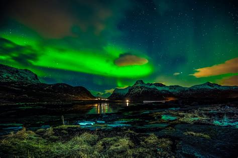 Norway Lofoten Winter Night Northern Lights Hd Wallpaper