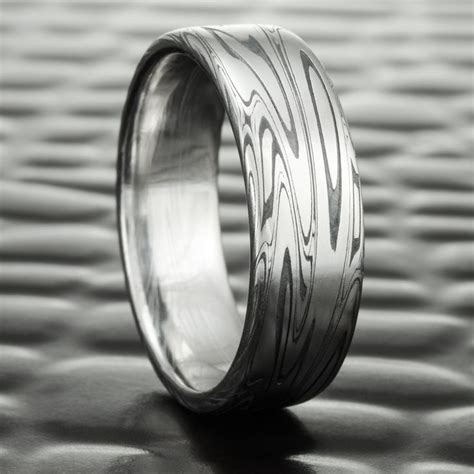 Damascus Steel Wedding Ring Flat With Fire Oxide Swirling Current