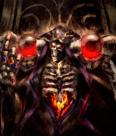 Red Eyes Overlord Anime Ainz Ooal Gown Skeleton Skull Glowing