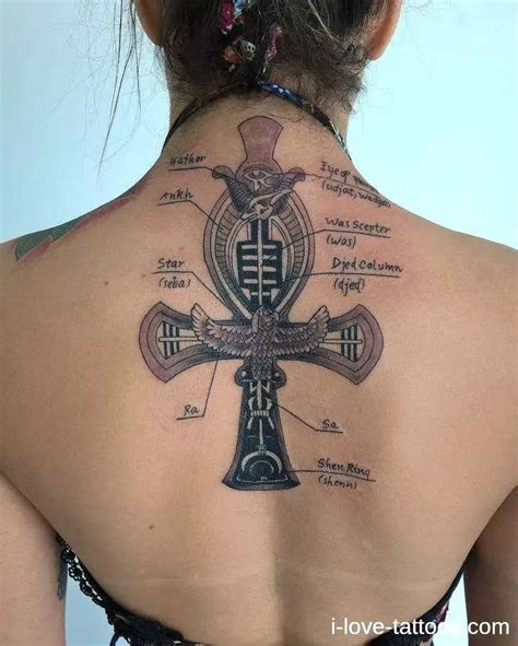 Powerful Ankh With Inscriptions Tattoo Black On The Back Of The Girl In 2021 Ankh Tattoo