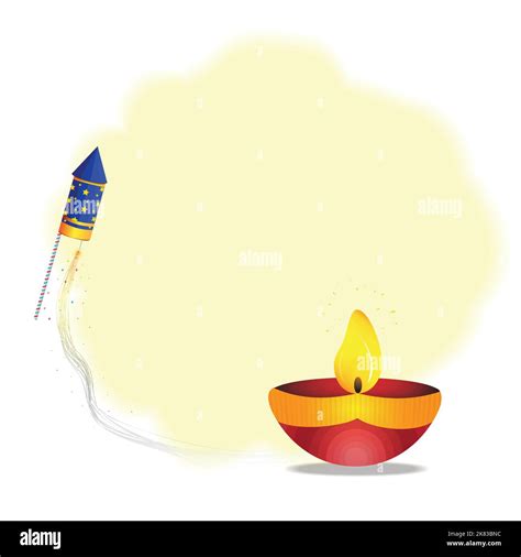 Happy Diwali With Burning Diya Oil Lamp With Crackers On Yellow