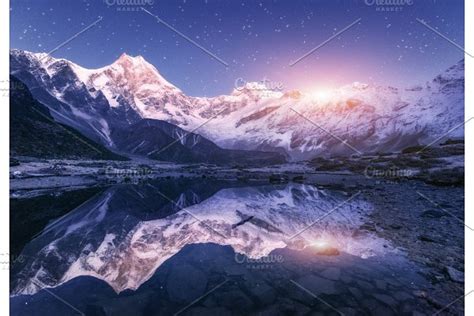 Himalayn Mountains And Mountain Lake At Starry Night In Nepal Stock
