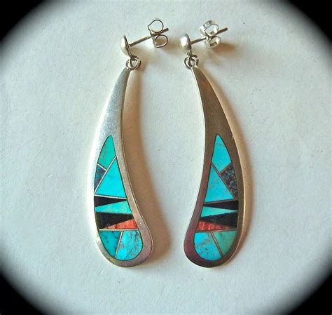 Native American Long Drop Earrings Turquoise Coral Onyx