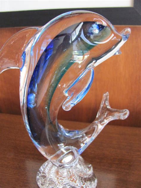 Vintage 80s Clear Art Glass Dolphin Figurine With Aqua Etsy