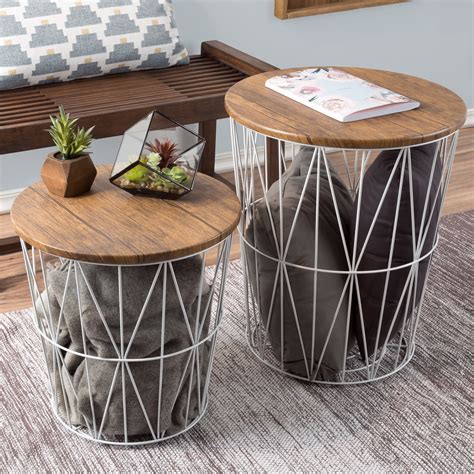 Nesting End Tables With Storage Set Of 2 Convertible Round Metal