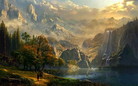 Download Mountain Lake Waterfall Horse Fantasy Landscape Hd Wallpaper