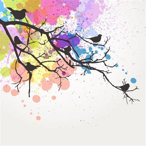 Vector Branch With Birds On An Abstract Background Wall Mural • Pixers