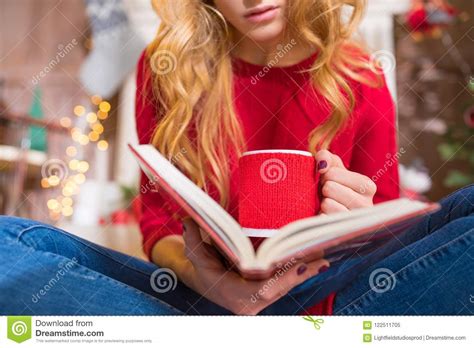 Woman Reading Book With Hot Drink Stock Image Image Of Holiday Happy
