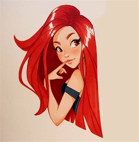 a drawing of a woman with long red hair and big eyes looking to her left
